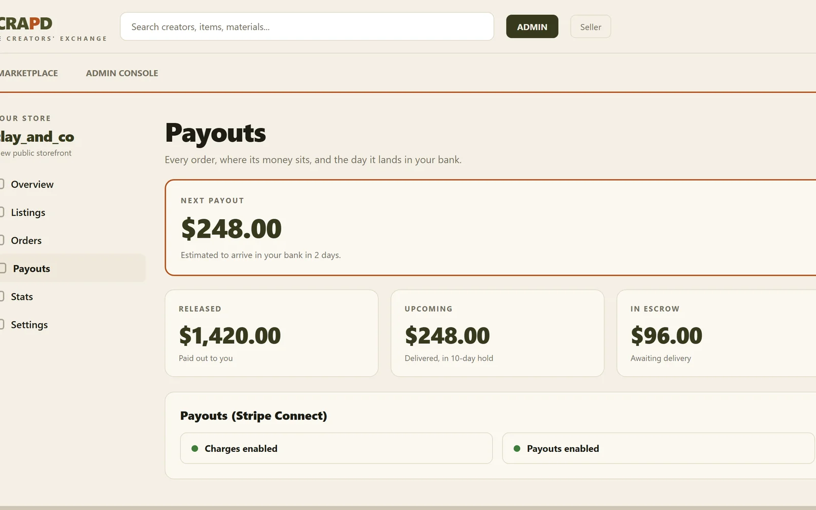 Seller payouts on Stripe Connect. Released, upcoming, and in-escrow balances with a delivery-based hold.