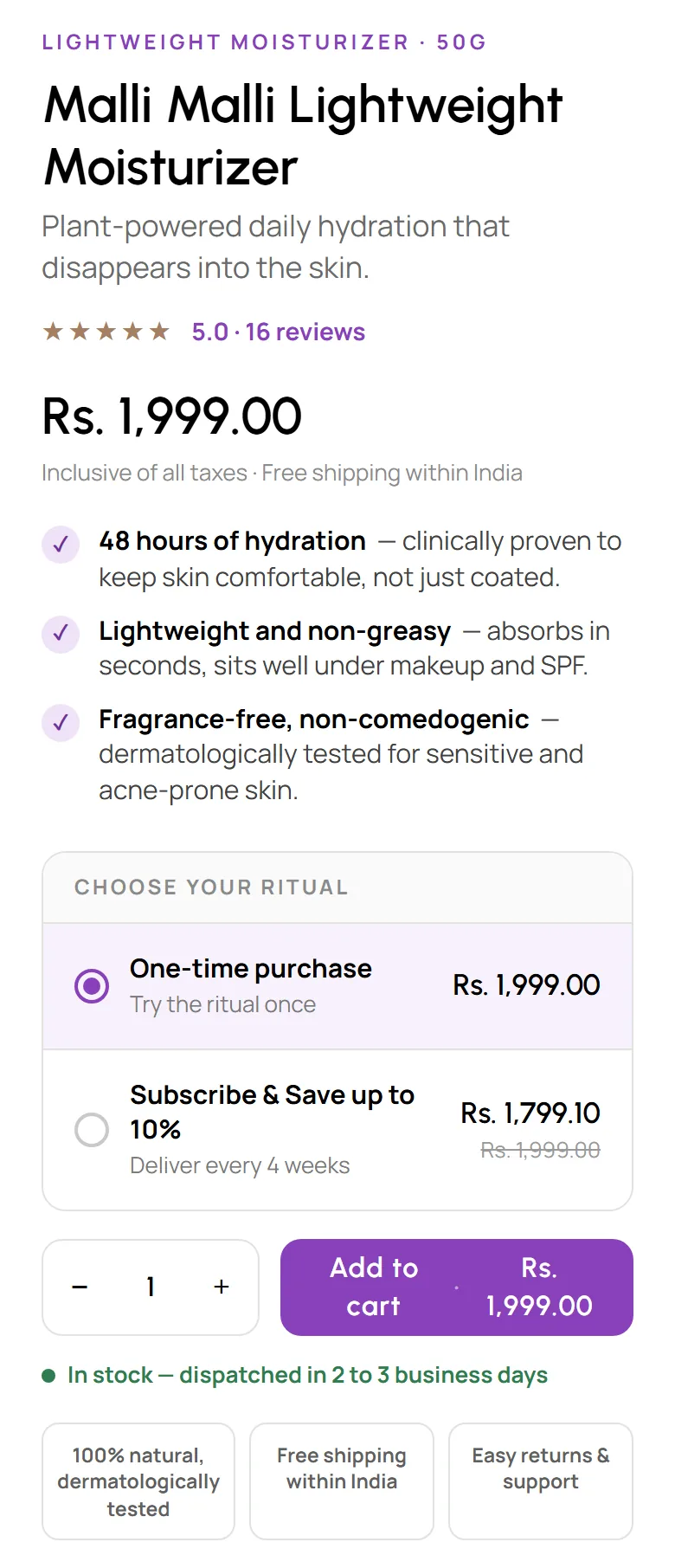 The new buy box with rating, benefits, a one-time or subscribe and save choice, stock status and trust badges