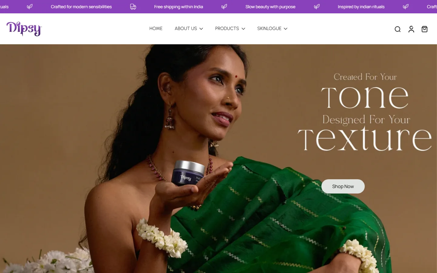 Dipsy's previous homepage on desktop: a lifestyle photo with a tagline and a Shop Now button