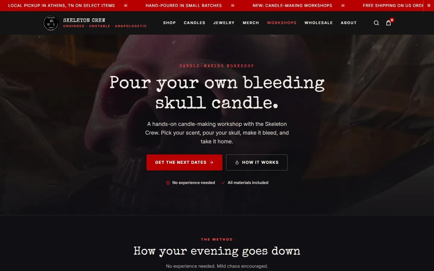 Workshops page, first screen, new site, desktop view. A full-width hero, 'Pour your own bleeding skull candle.', with a short pitch and 'Get the next dates' and 'How it works' buttons.