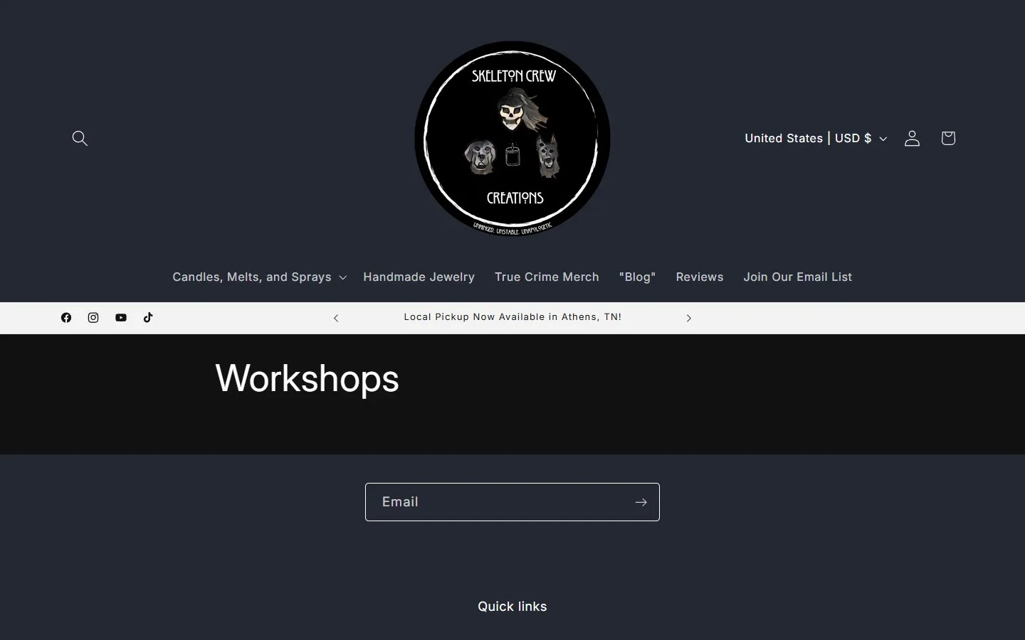 Workshops page, first screen, old site, desktop view. A 'Workshops' title above the footer email field, and nothing else.