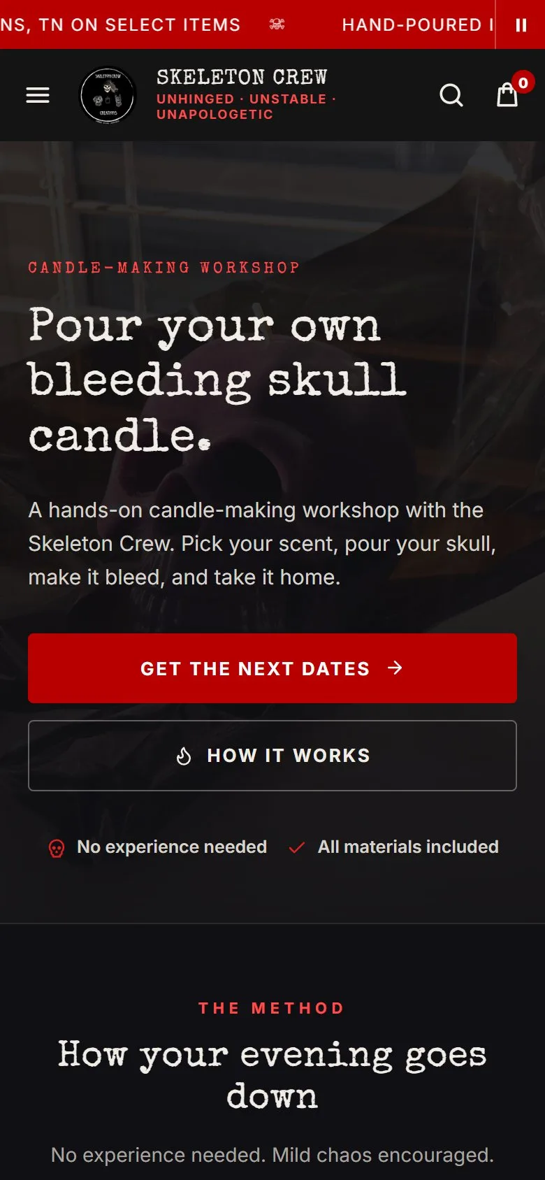 Workshops page, first screen, new site, phone view. A full-width hero, 'Pour your own bleeding skull candle.', with a short pitch and 'Get the next dates' and 'How it works' buttons.