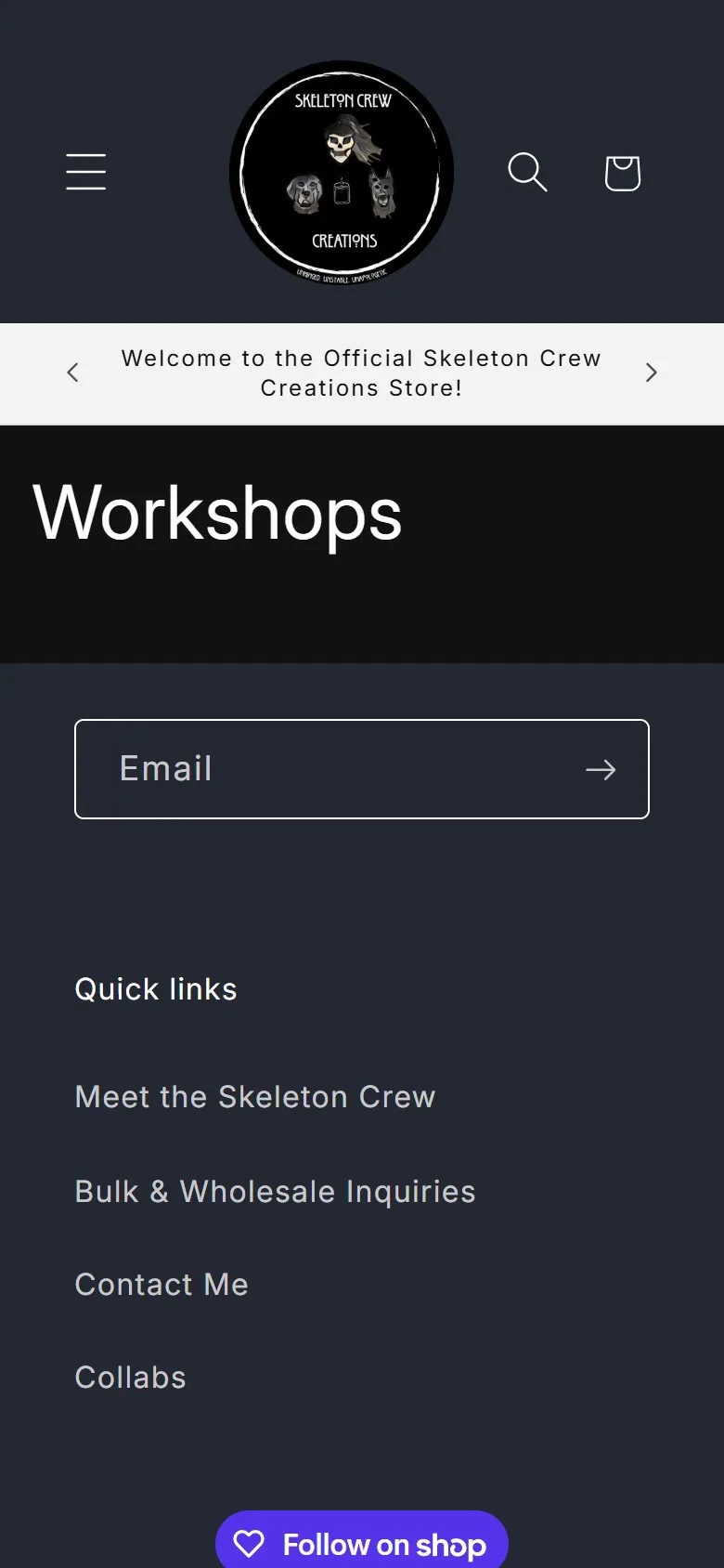 Workshops page, first screen, old site, phone view. A 'Workshops' title above the footer email field, and nothing else.