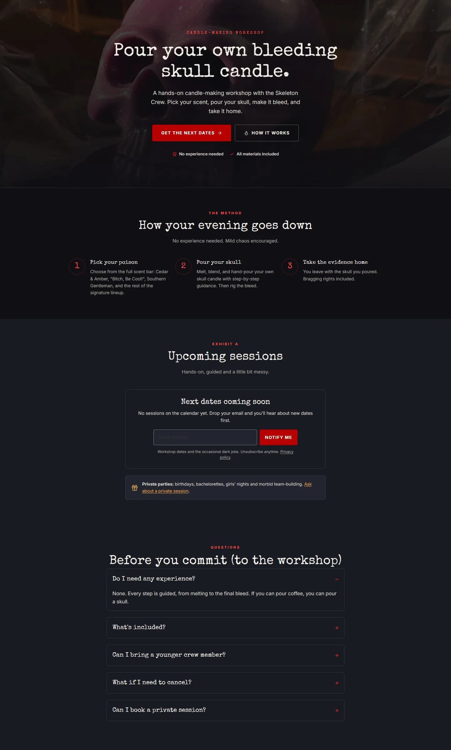 Workshops page, full page, new site, desktop view. Four sections: the hero, a 3-step 'How your evening goes down', an 'Upcoming sessions' waitlist and a 'Before you commit (to the workshop)' FAQ that answers only what is known.