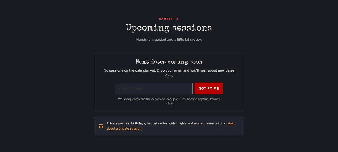 Workshops page, waitlist, new site, desktop view. A 'Next dates coming soon' card with an email field and a 'Notify me' button, plus a private-parties note that links to the contact page.