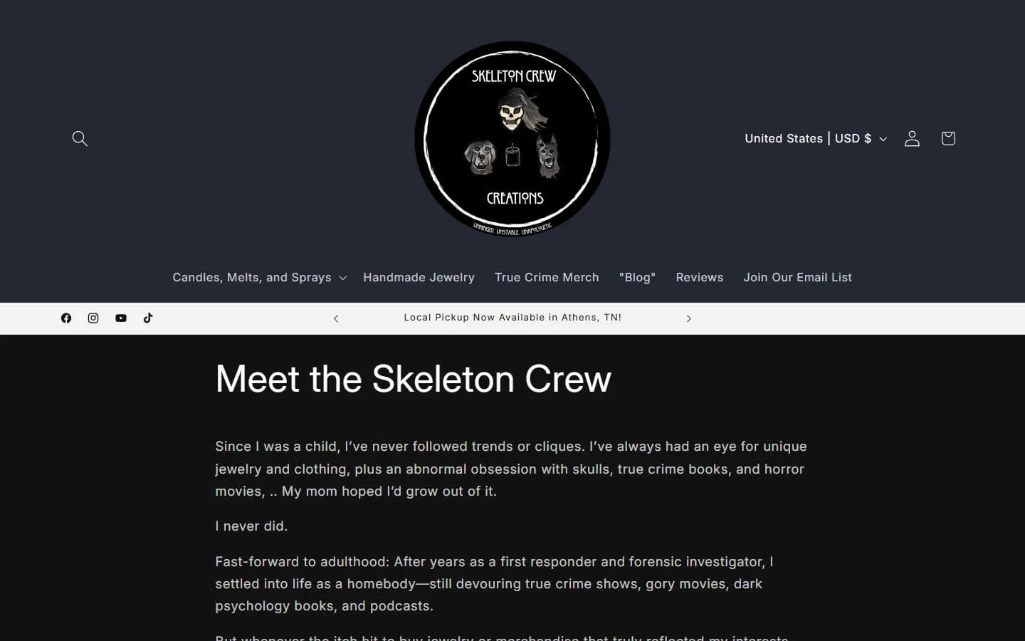 About page, first screen, old site, desktop view. A plain text page, 'Meet the Skeleton Crew'.