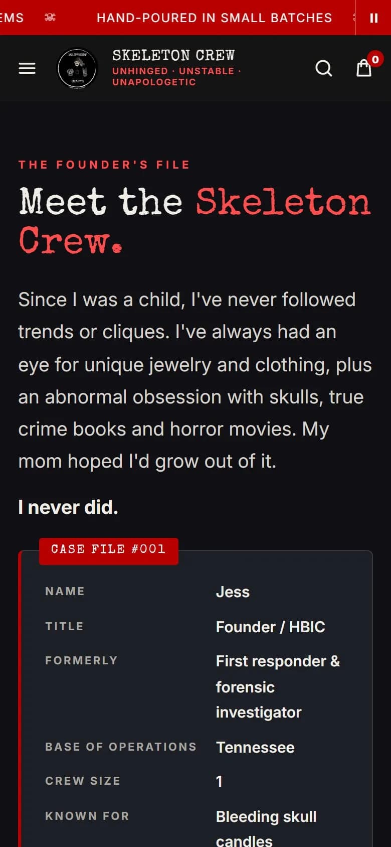 About page, first screen, new site, phone view. A founder's file hero: a 'Case file #001' card (Jess, Founder, formerly first responder and forensic investigator, known for bleeding skull candles) and a polaroid image.