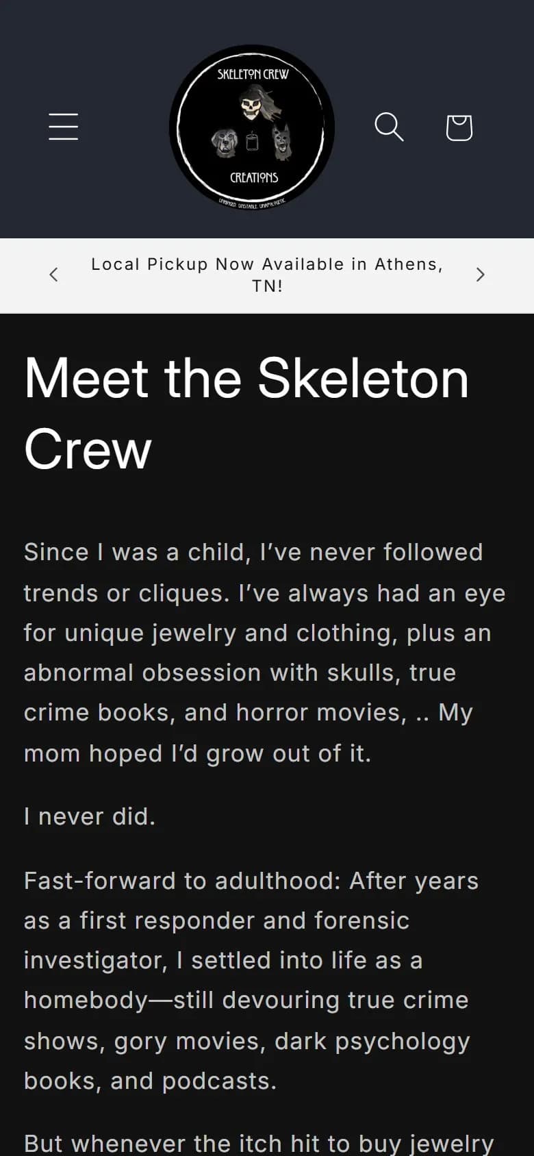 About page, first screen, old site, phone view. A plain text page, 'Meet the Skeleton Crew'.