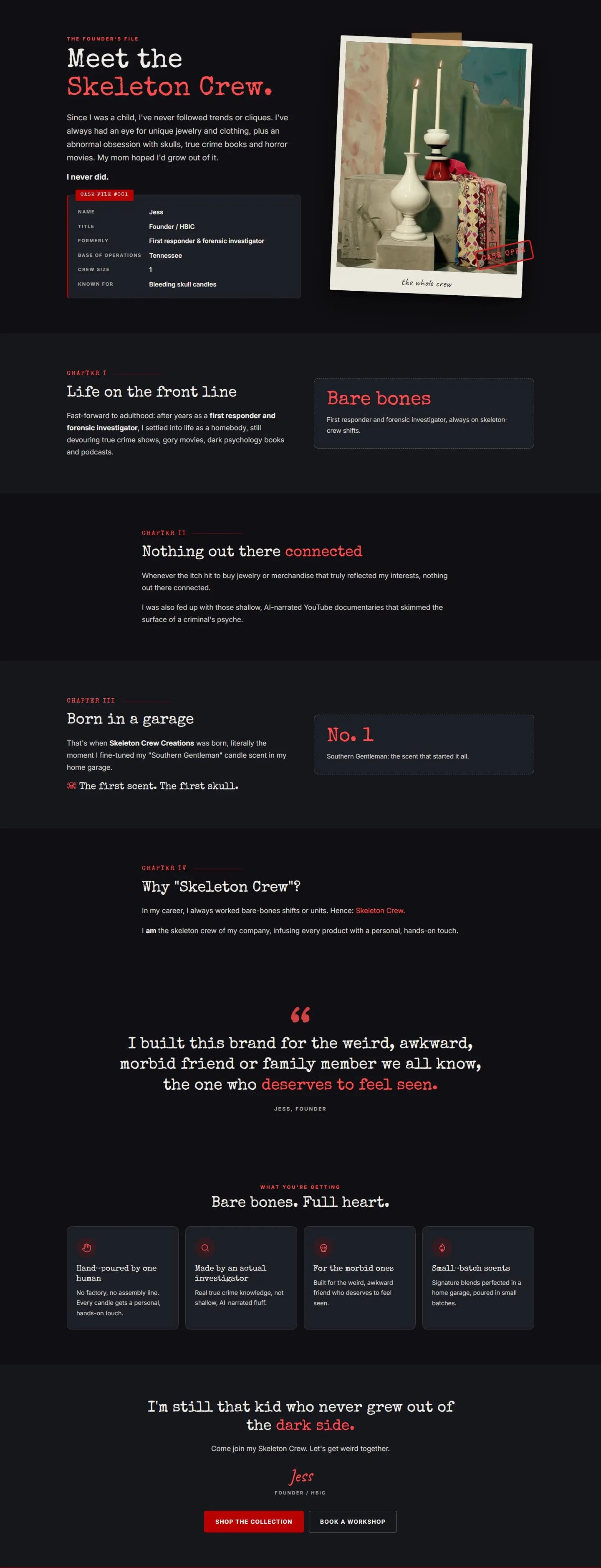 About page, full page, new site, desktop view. The same story in four chapters ('Life on the front line', 'Nothing out there connected', 'Born in a garage', 'Why Skeleton Crew?'), a pull quote, a 'Bare bones.