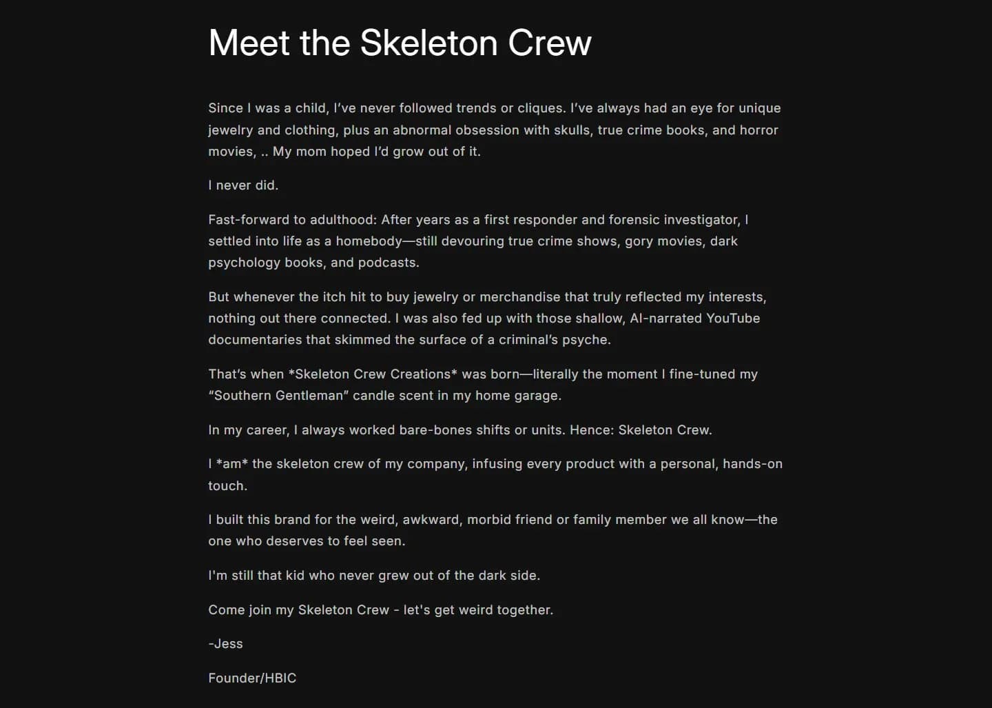About page, full page, old site, desktop view. The owner's story as one block of text.