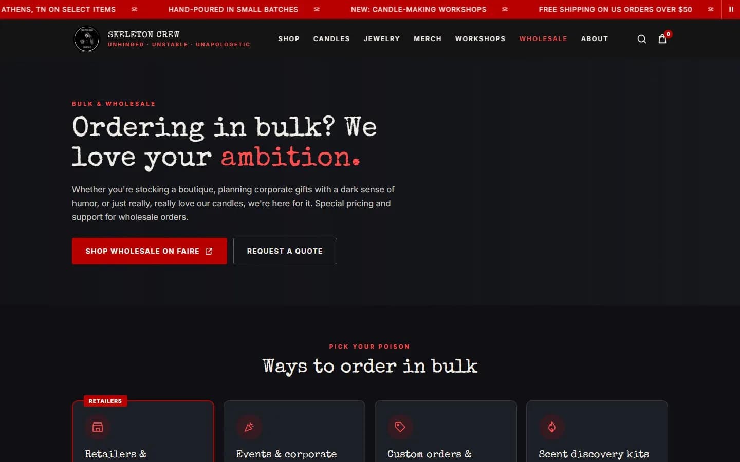 Wholesale page, first screen, new site, desktop view. A hero, 'Ordering in bulk?