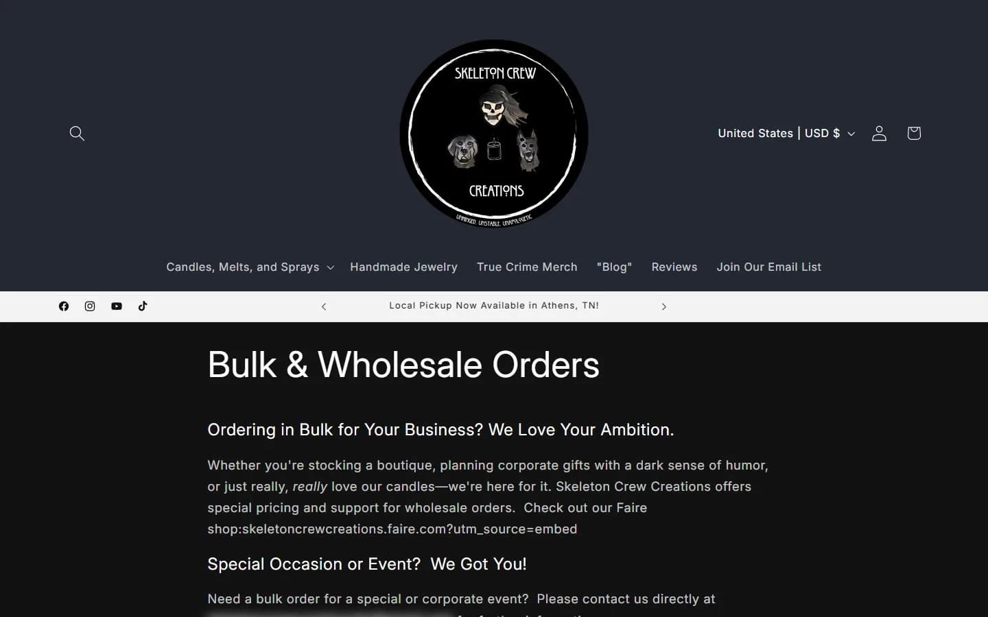 Wholesale page, first screen, old site, desktop view. A long text page titled 'Bulk & Wholesale Orders'.