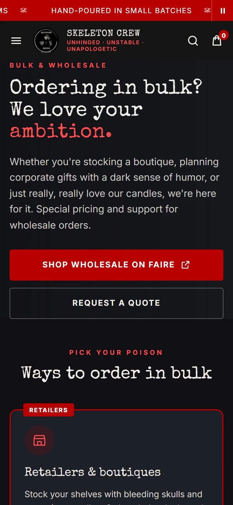 Wholesale page, first screen, new site, phone view. A hero, 'Ordering in bulk?