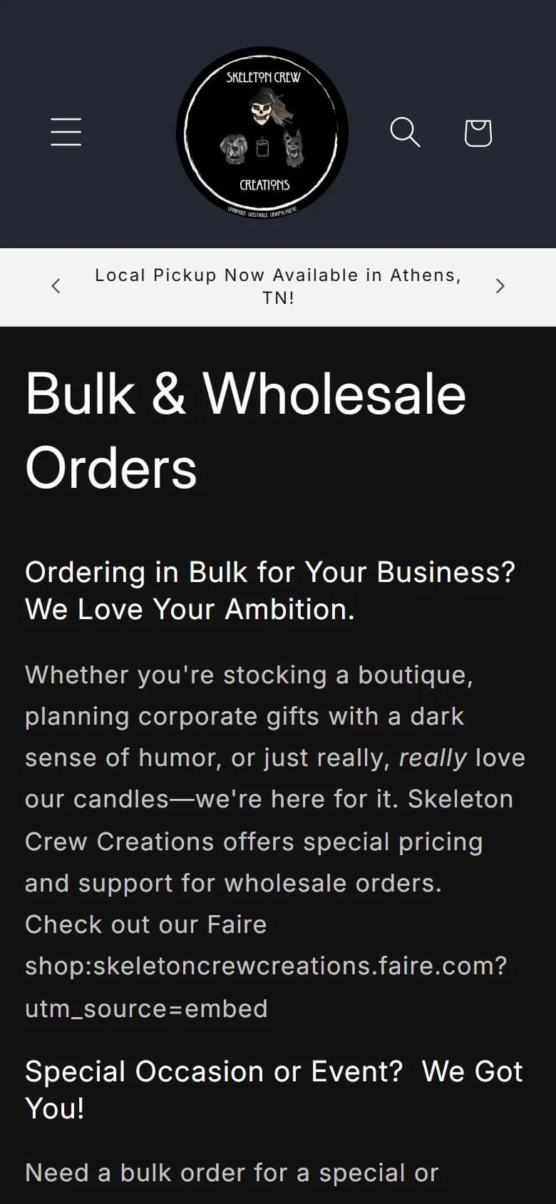 Wholesale page, first screen, old site, phone view. A long text page titled 'Bulk & Wholesale Orders'.