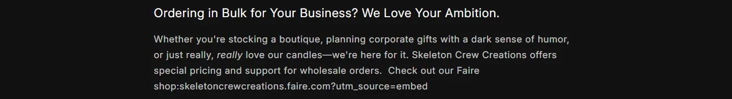 Wholesale page, faire link, old site, desktop view. The Faire shop address was plain text that could not be clicked.