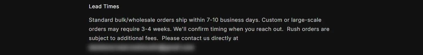 Wholesale page, lead times, old site, desktop view. A paragraph under 'Lead Times'.