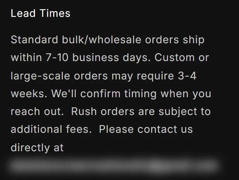 Wholesale page, lead times, old site, phone view. A paragraph under 'Lead Times'.