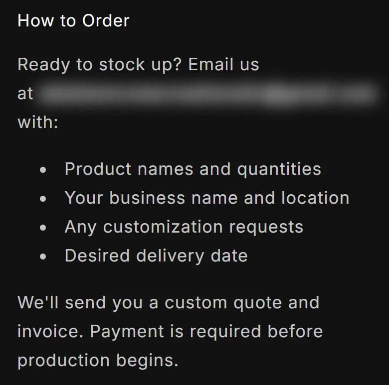 Wholesale page, how to order, old site, phone view. 'Email us with:' and a bullet list.