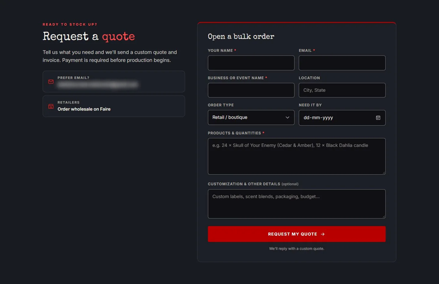 Wholesale page, quote form, new site, desktop view. 'Request a quote' with an 'Open a bulk order' form (name, email, business or event, location, order type, need-by date, products and quantities, customization), next to 'Prefer email?' and 'Order.