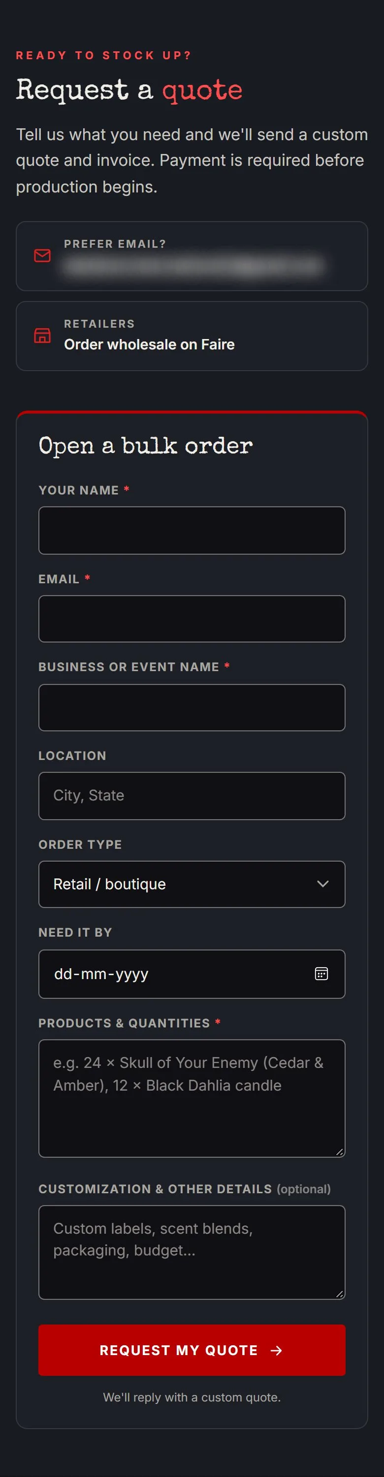 Wholesale page, quote form, new site, phone view. 'Request a quote' with an 'Open a bulk order' form (name, email, business or event, location, order type, need-by date, products and quantities, customization), next to 'Prefer email?' and 'Order.