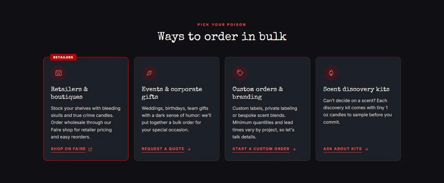 Wholesale page, ways to order in bulk, new site, desktop view. Four cards, each with its own action: Retailers and boutiques (Shop on Faire), Events and corporate gifts (Request a quote), Custom orders and branding (Start a custom order), Scent.