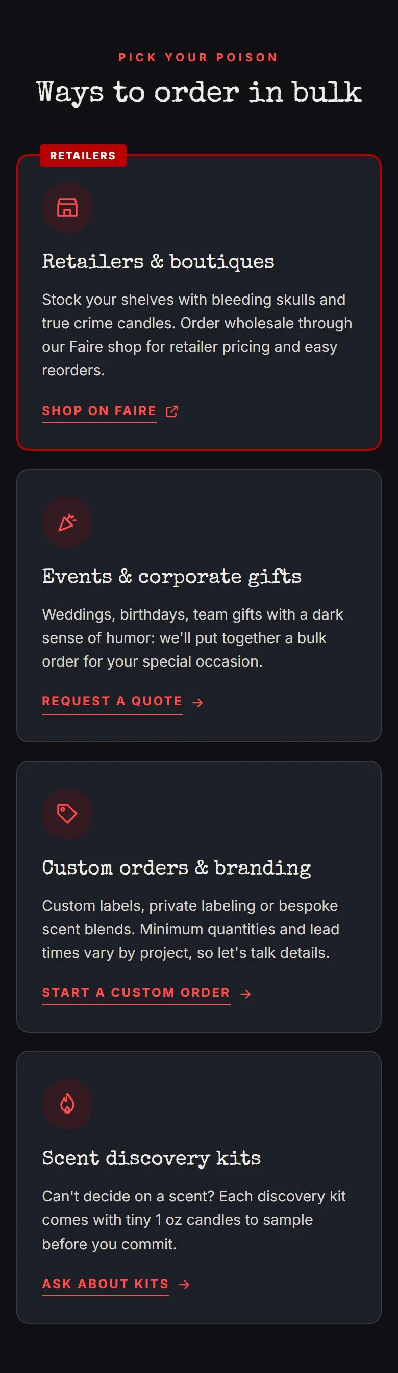 Wholesale page, ways to order in bulk, new site, phone view. Four cards, each with its own action: Retailers and boutiques (Shop on Faire), Events and corporate gifts (Request a quote), Custom orders and branding (Start a custom order), Scent.