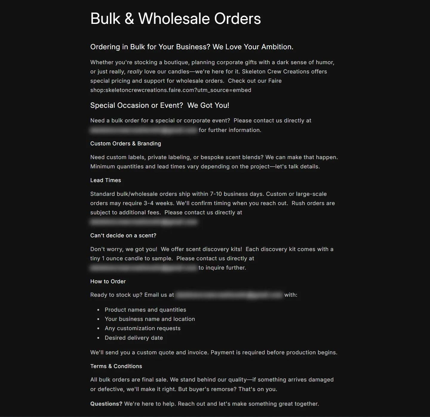 Wholesale page, full page, old site, desktop view. One column of headed paragraphs with the email address repeated four times.