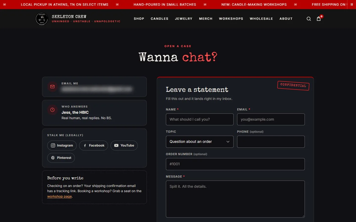 Contact page, first screen, new site, desktop view. 'Open a case / Wanna chat?' with contact cards on the left and a 'Leave a statement' form on the right, all on the first screen.