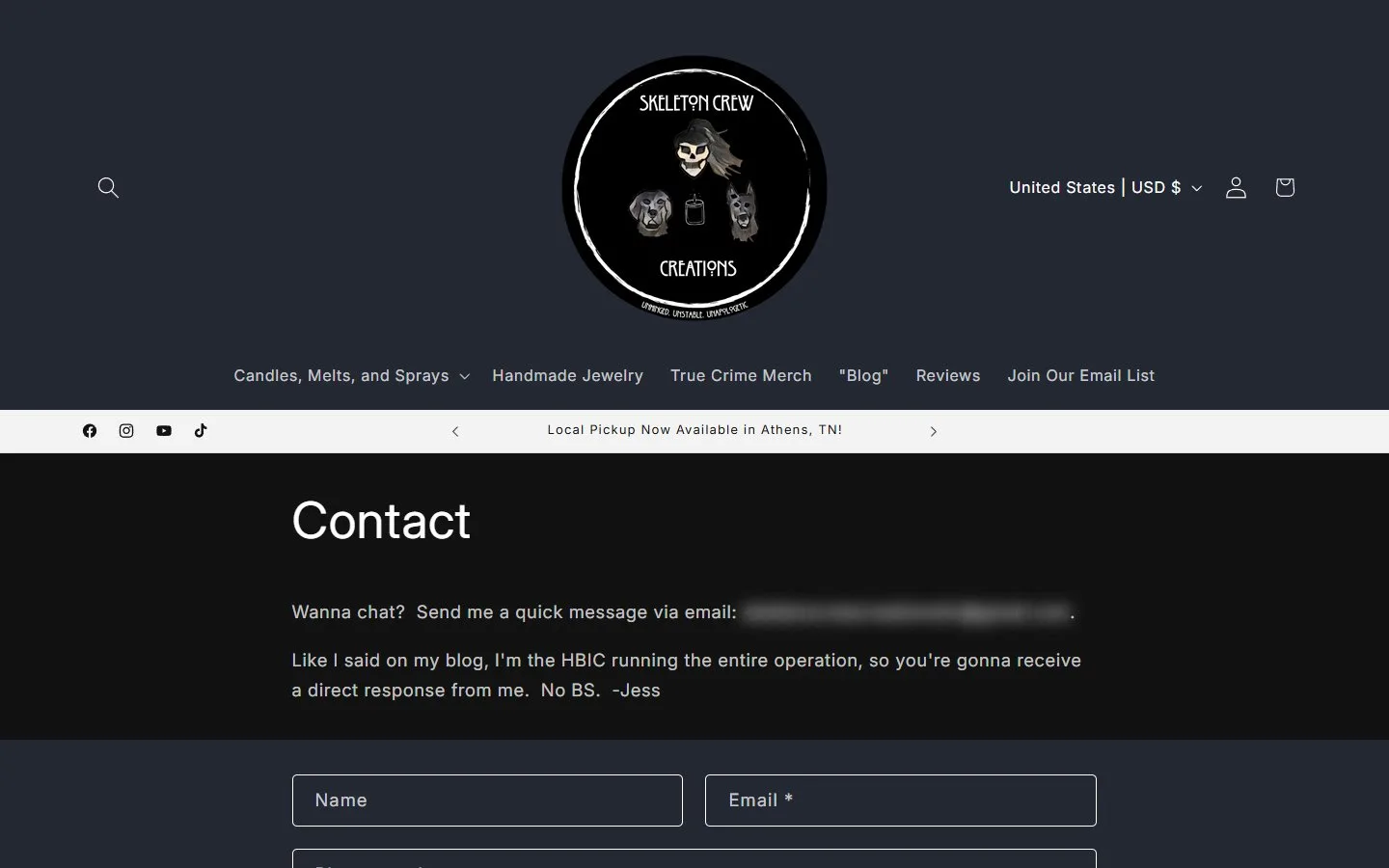 Contact page, first screen, old site, desktop view. A 'Contact' title, an email sentence and a plain form below the big logo header.