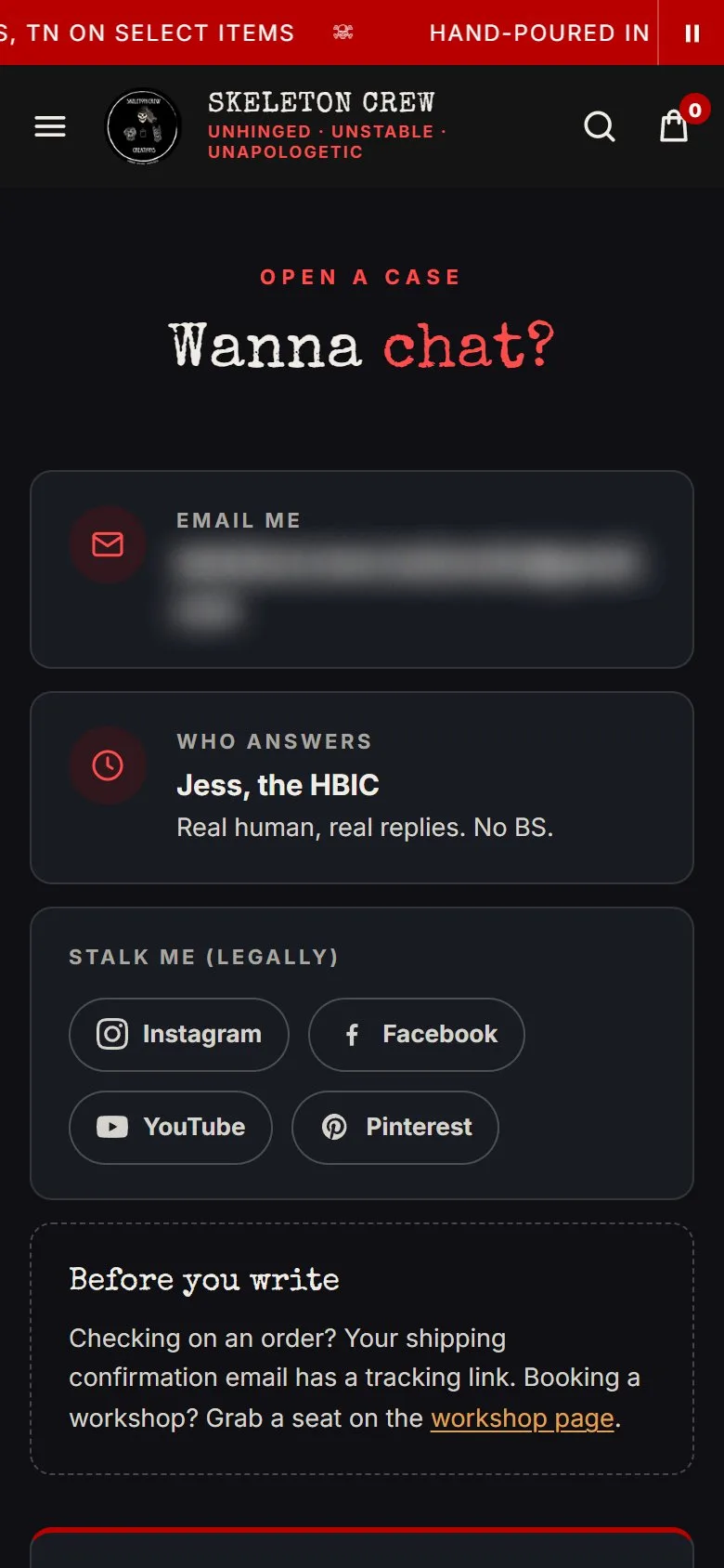 Contact page, first screen, new site, phone view. 'Open a case / Wanna chat?' with contact cards on the left and a 'Leave a statement' form on the right, all on the first screen.