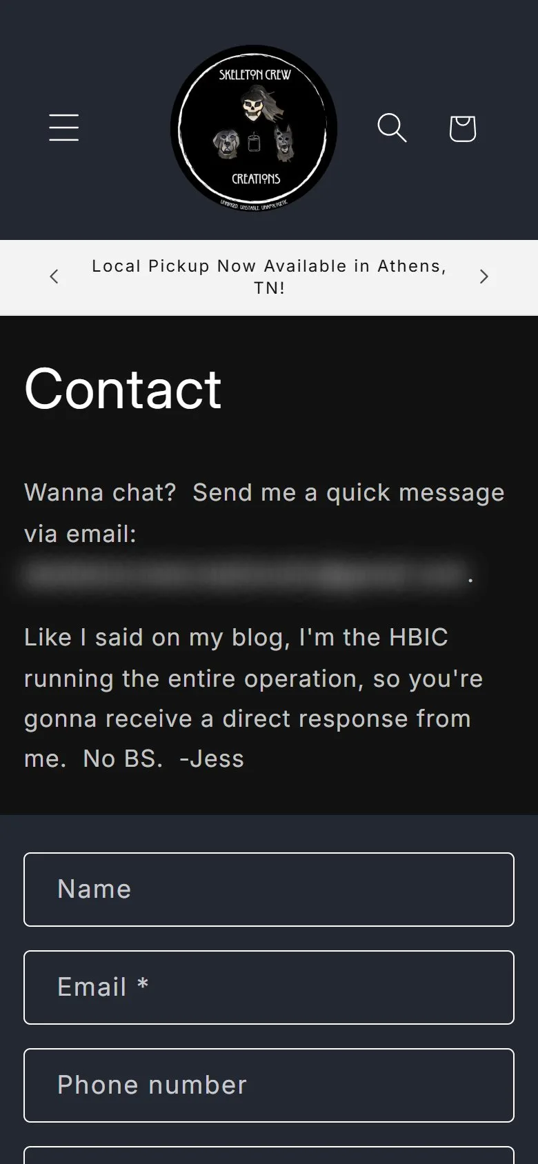 Contact page, first screen, old site, phone view. A 'Contact' title, an email sentence and a plain form below the big logo header.