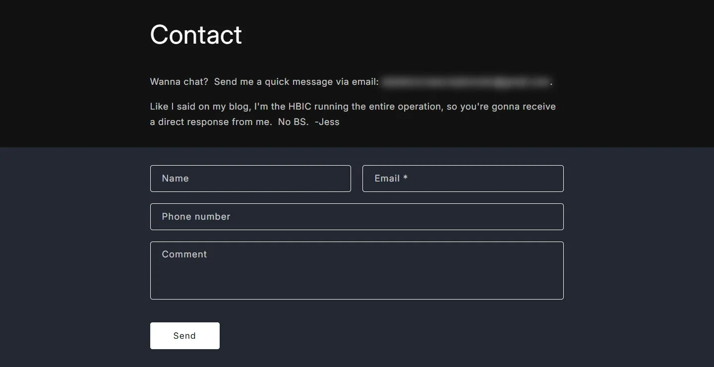 Contact page, full page, old site, desktop view. The theme's default form: Name, Email, Phone number, Comment, Send.