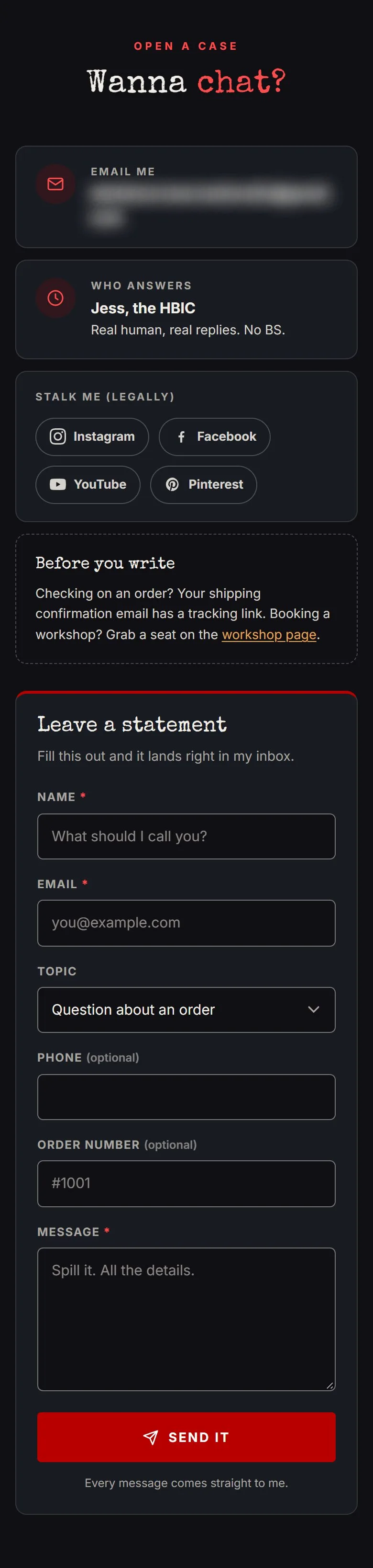 Contact page, full page, new site, phone view. An email card, 'Who answers' (Jess, real replies), Instagram, Facebook, YouTube and Pinterest buttons, a 'Before you write' note, and a form with Topic, optional Phone and Order number fields and a red.