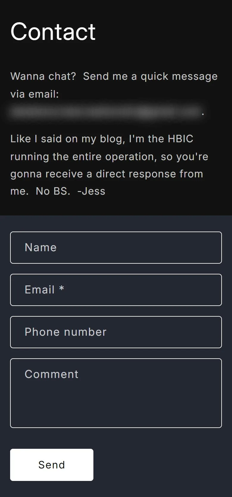 Contact page, full page, old site, phone view. The theme's default form: Name, Email, Phone number, Comment, Send.
