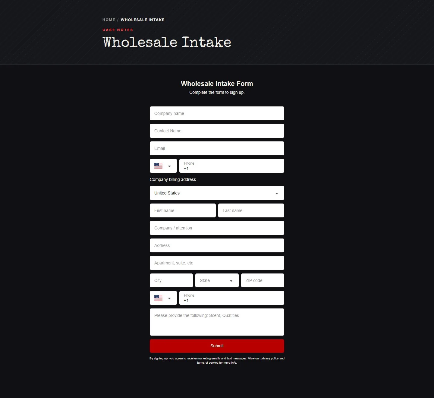 Wholesale intake form page, shopify forms page, new site, desktop view. The same form, readable: light text, white labels and a red Submit button, under a 'Case notes' header band.