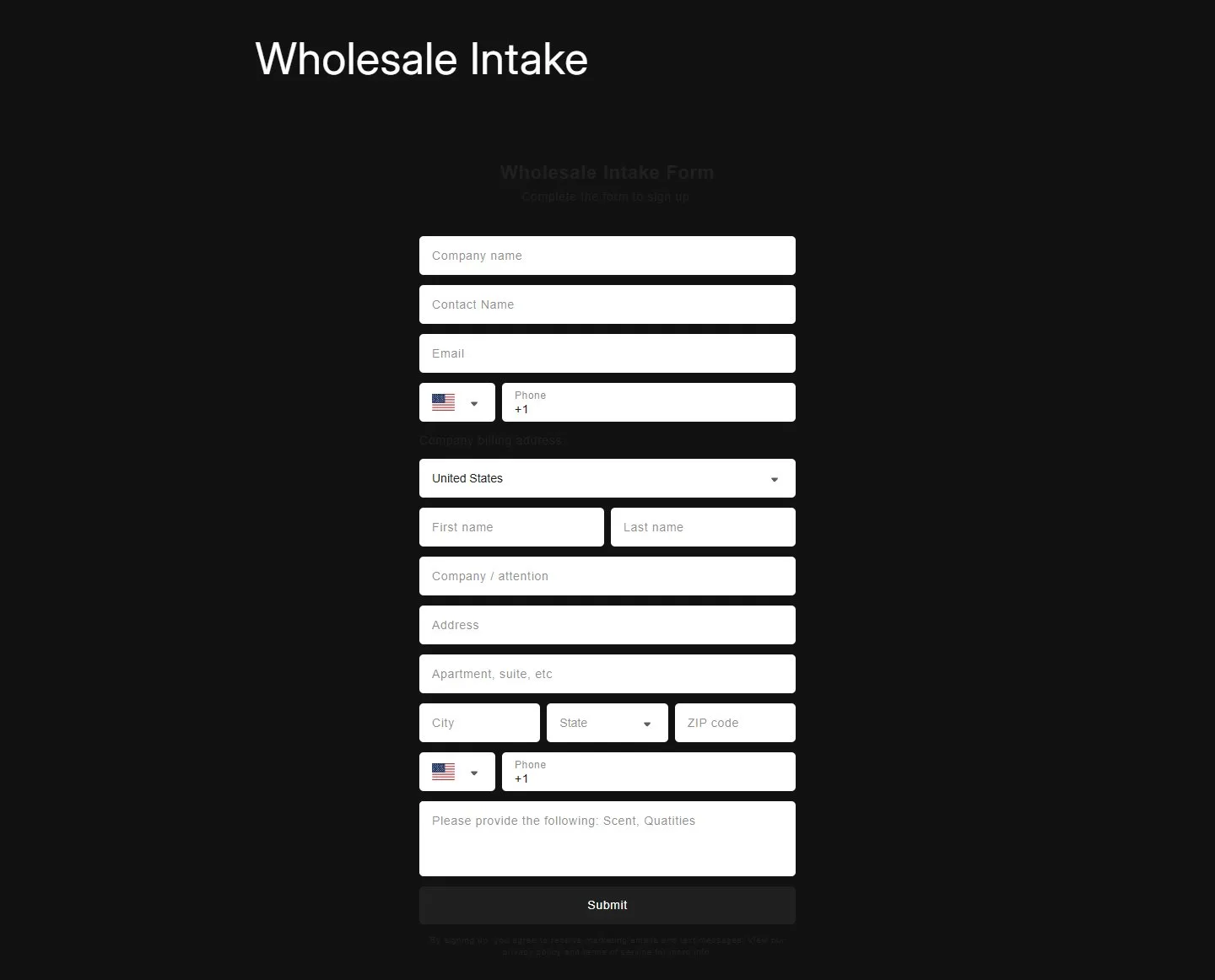 Wholesale intake form page, shopify forms page, old site, desktop view. The form heading, intro and section label printed dark on dark and were nearly invisible, and Submit was dark gray.