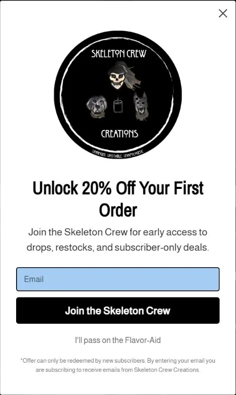 Email popup, signup modal, old site, desktop view. The popup app's default white card: large logo, condensed black headline, light-blue email field, black button.