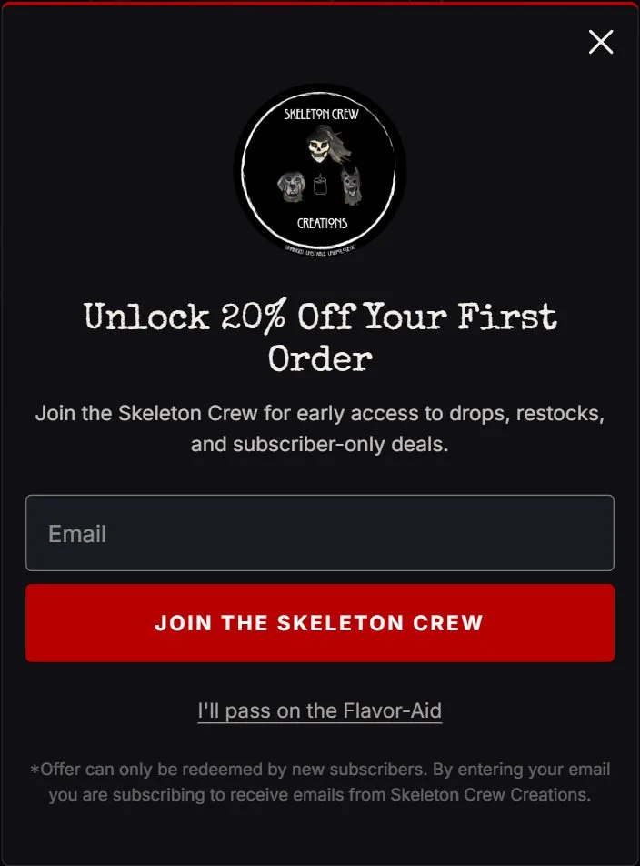 Email popup, signup modal, new site, phone view. A dark card with a red top rule, Special Elite headline, Inter body, dark email field, red 'Join the Skeleton Crew' button and an underlined 'I'll pass on the Flavor-Aid' link.