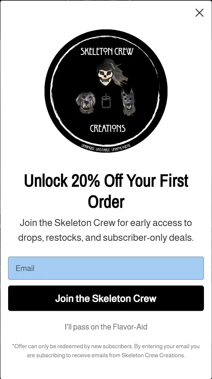 Email popup, signup modal, old site, phone view. The popup app's default white card: large logo, condensed black headline, light-blue email field, black button.