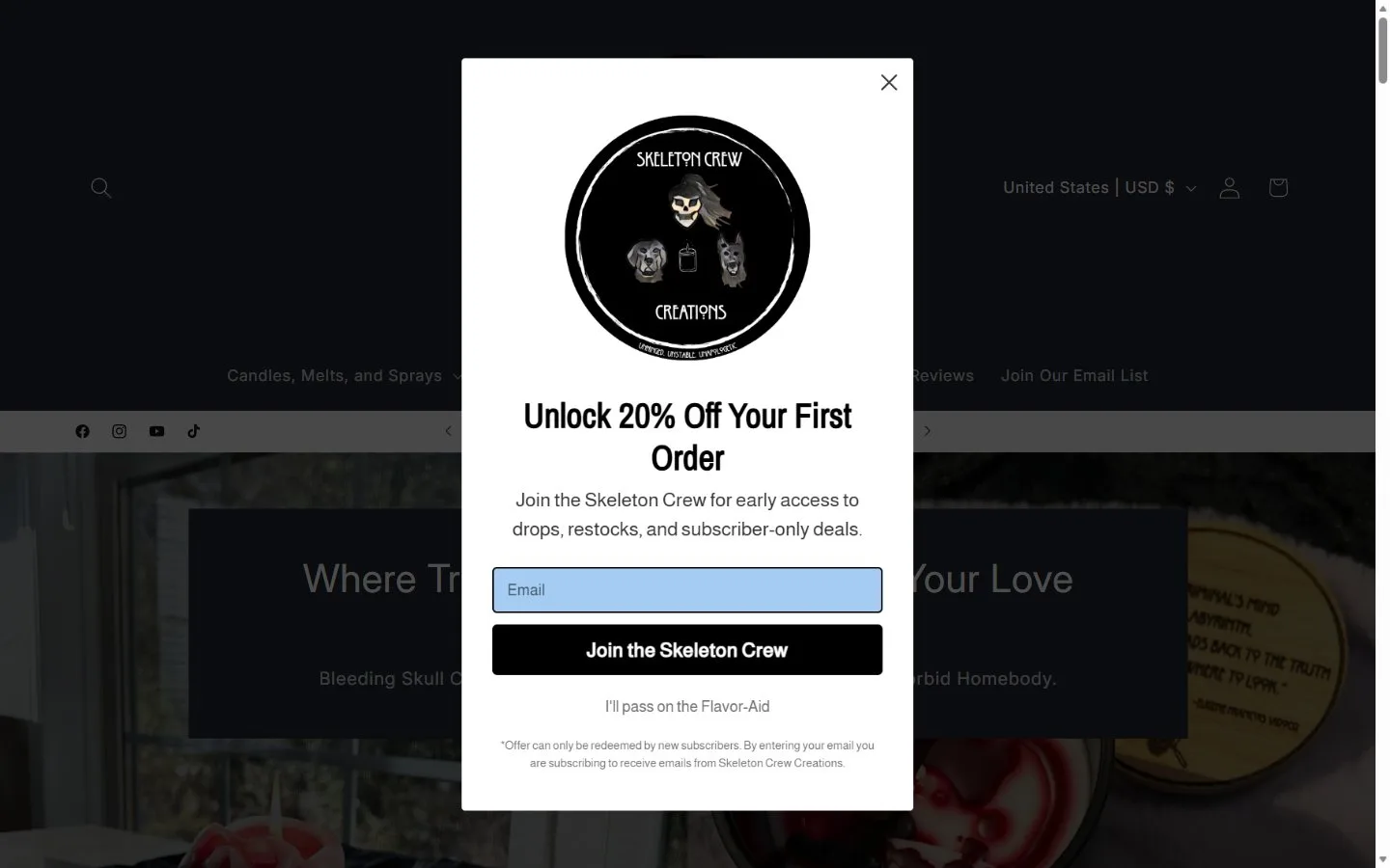 Email popup, signup modal in context, old site, desktop view. A white card over the dark site.