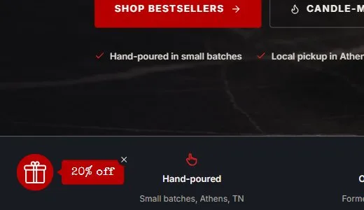 Email popup, teaser tab after closing, new site, desktop view. A red circle and red bubble in Special Elite with a dark close button.