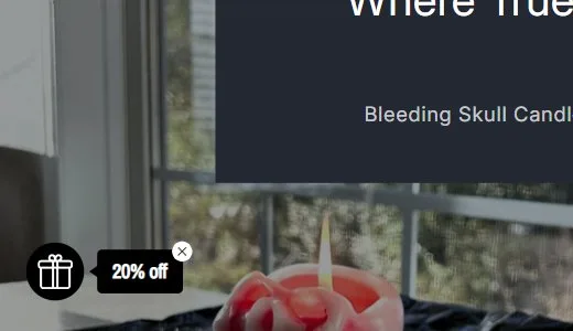 Email popup, teaser tab after closing, old site, desktop view. A black gift circle and black '20% off' bubble.