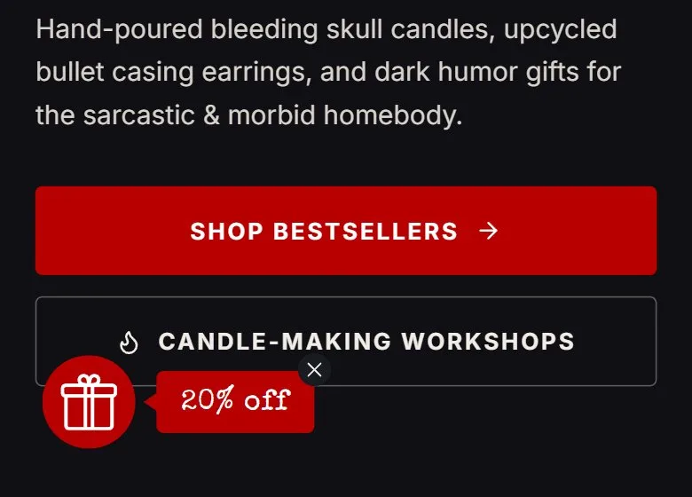 Email popup, teaser tab after closing, new site, phone view. A red circle and red bubble in Special Elite with a dark close button.
