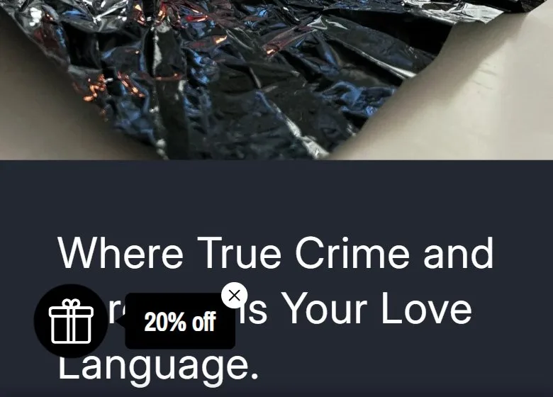 Email popup, teaser tab after closing, old site, phone view. A black gift circle and black '20% off' bubble.