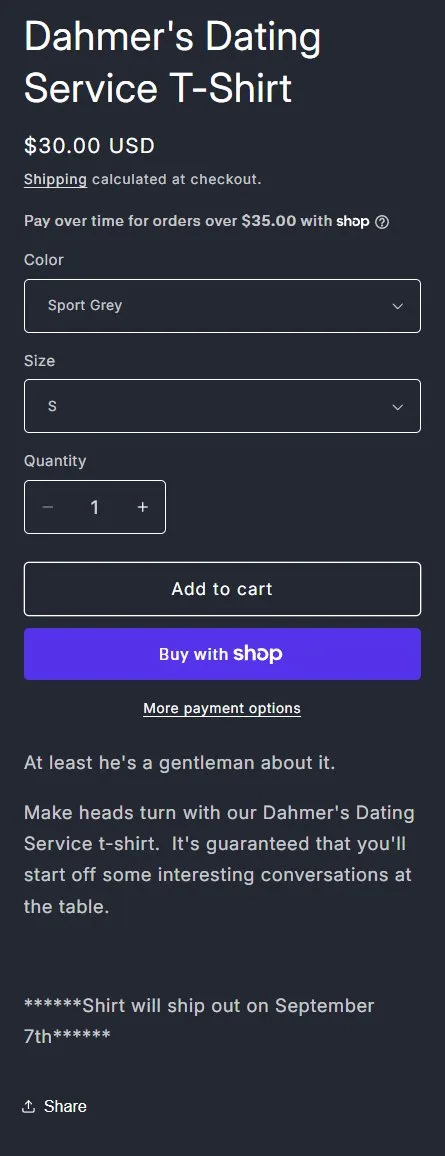 Store data, stale ship date removed, old site, desktop view. In October the T-shirt page still ended with a line saying the shirt would ship out on September 7th.