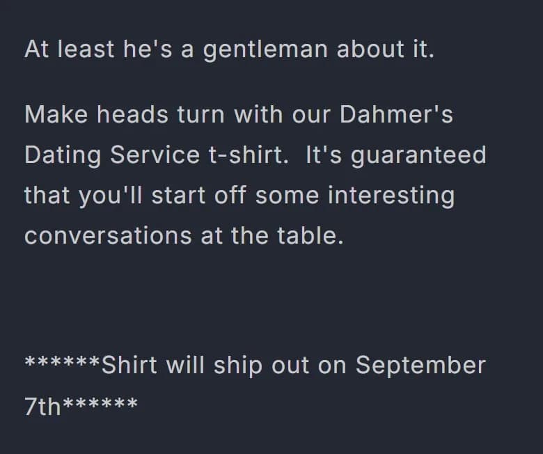 Store data, stale ship date removed, old site, phone view. In October the T-shirt page still ended with a line saying the shirt would ship out on September 7th.