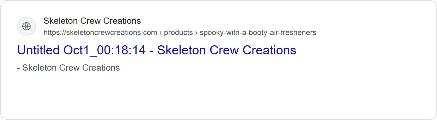 Search snippets, air freshener, old site. Title 'Untitled Oct1_00:18:14 - Skeleton Crew Creations'; meta description ' - Skeleton Crew Creations'.