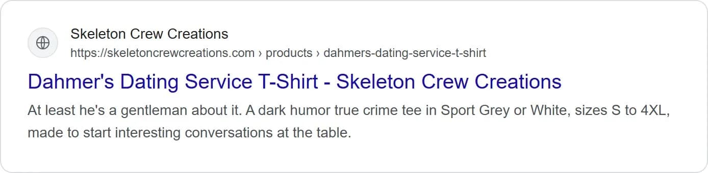 Search snippets, t-shirt, new site. A description of this shirt, its colors and its sizes S to 4XL.