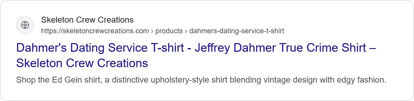 Search snippets, t-shirt, old site. The meta description sold a different shirt.