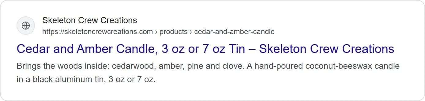 Search snippets, cedar and amber tin candle, new site. Title 'Cedar and Amber Candle, 3 oz or 7 oz Tin' and a clean description with the scent notes and tin sizes.